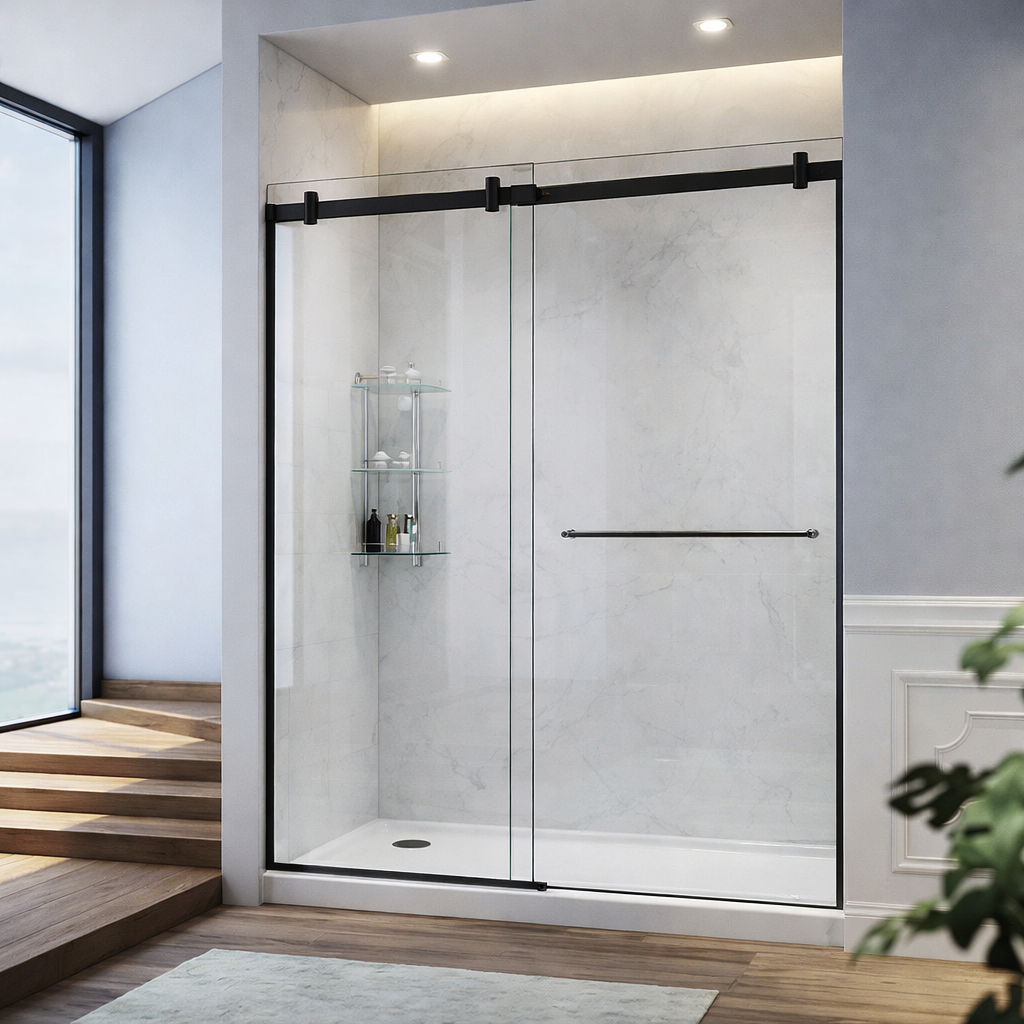 Custom frameless sliding glass shower enclosure with black track hardware and clear panels in a contemporary bathroom.